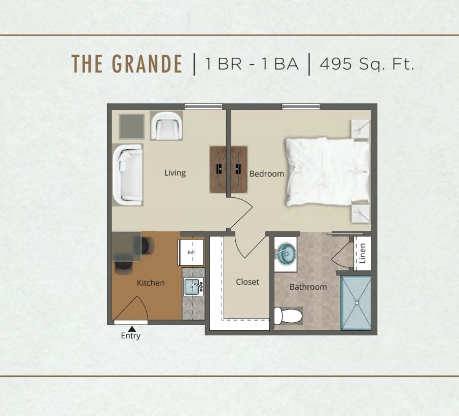 The Grande: 1-bedroom, 1-bathroom apartment floor plan, 496 sq. ft.