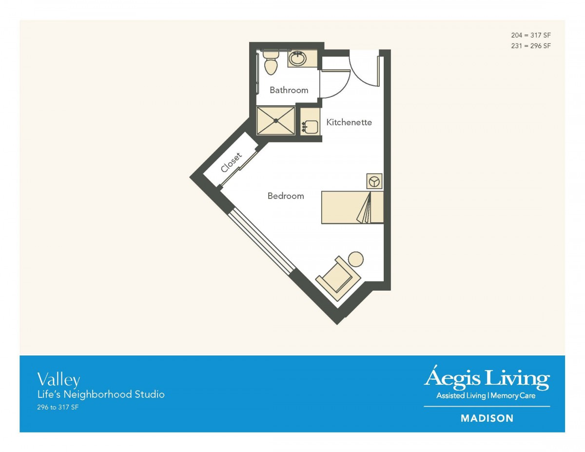 Floor plan of a studio apartment showing the layout with bedroom, bathroom, and closet.
