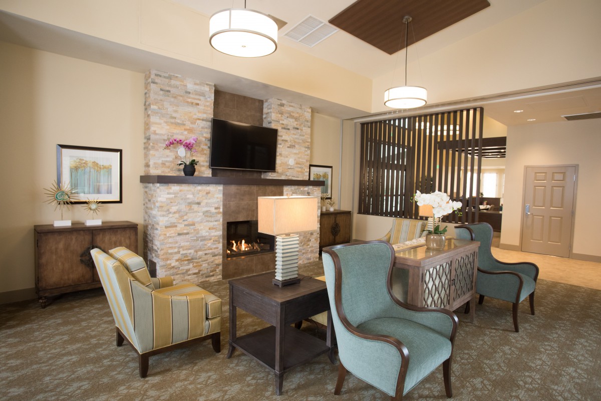 A modern living room interior featuring a fireplace, comfortable seating, and elegant decor.