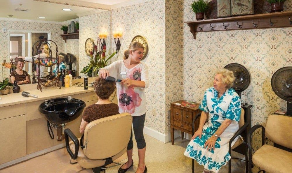 A hairdresser blow-drying a client's hair in a cozy salon while an elderly woman watches.