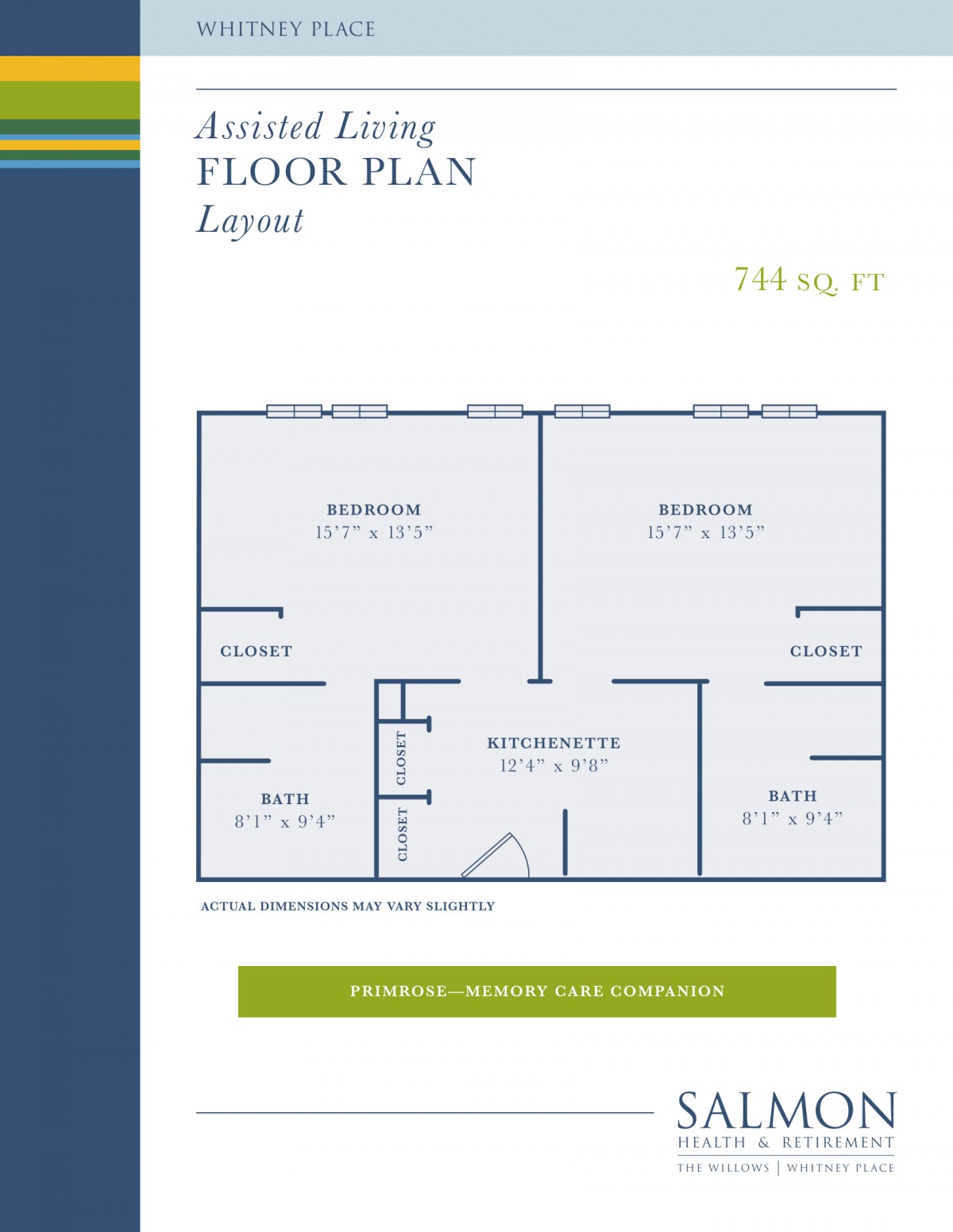 A floor plan layout of a three-bedroom apartment with specified dimensions.