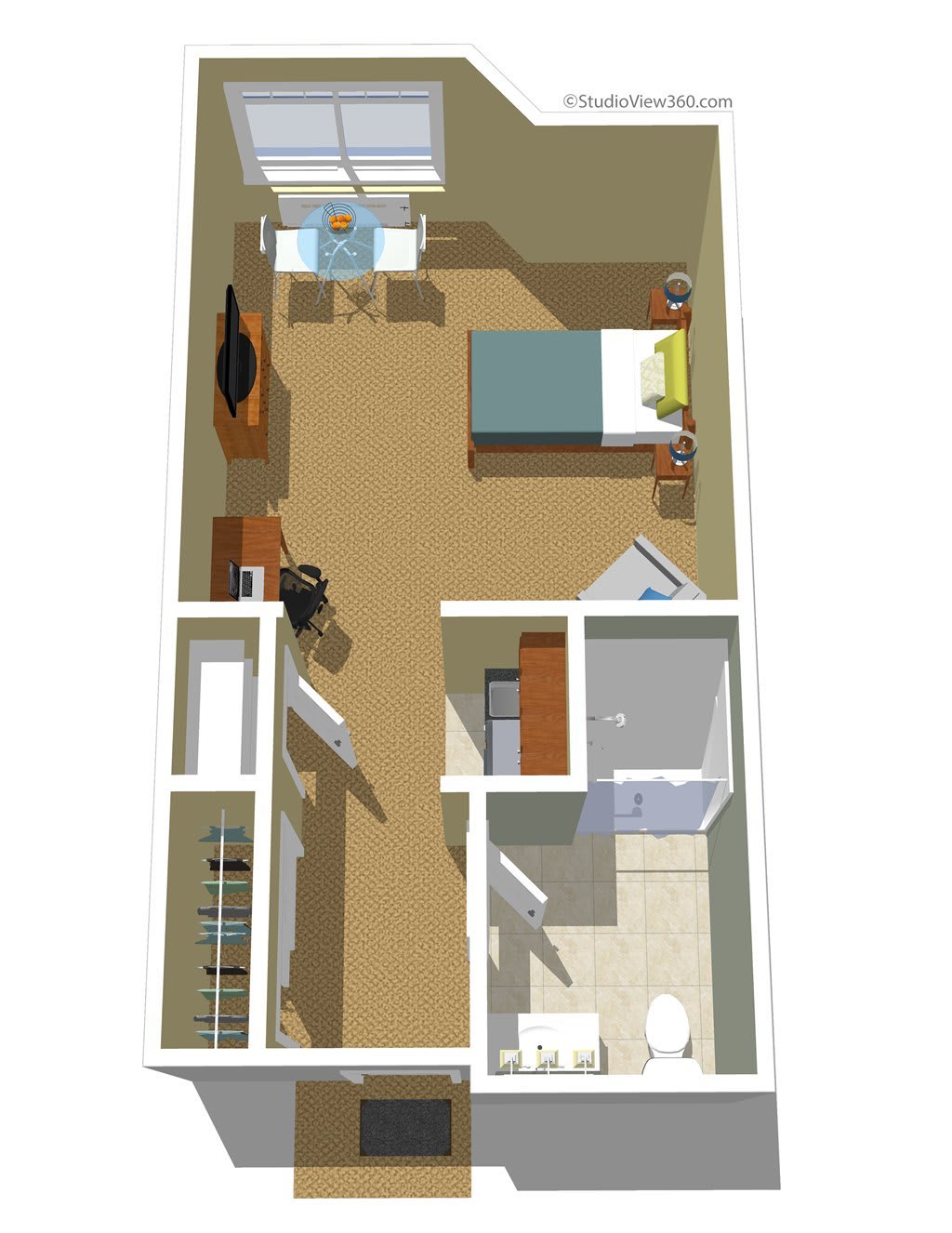 A 3D floor plan of a bedroom with furniture layout including a bed, desk, TV, and bathroom.