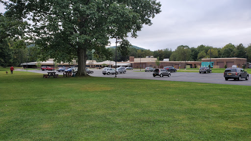 A view of a school surrounded by greenery and parked vehicles.