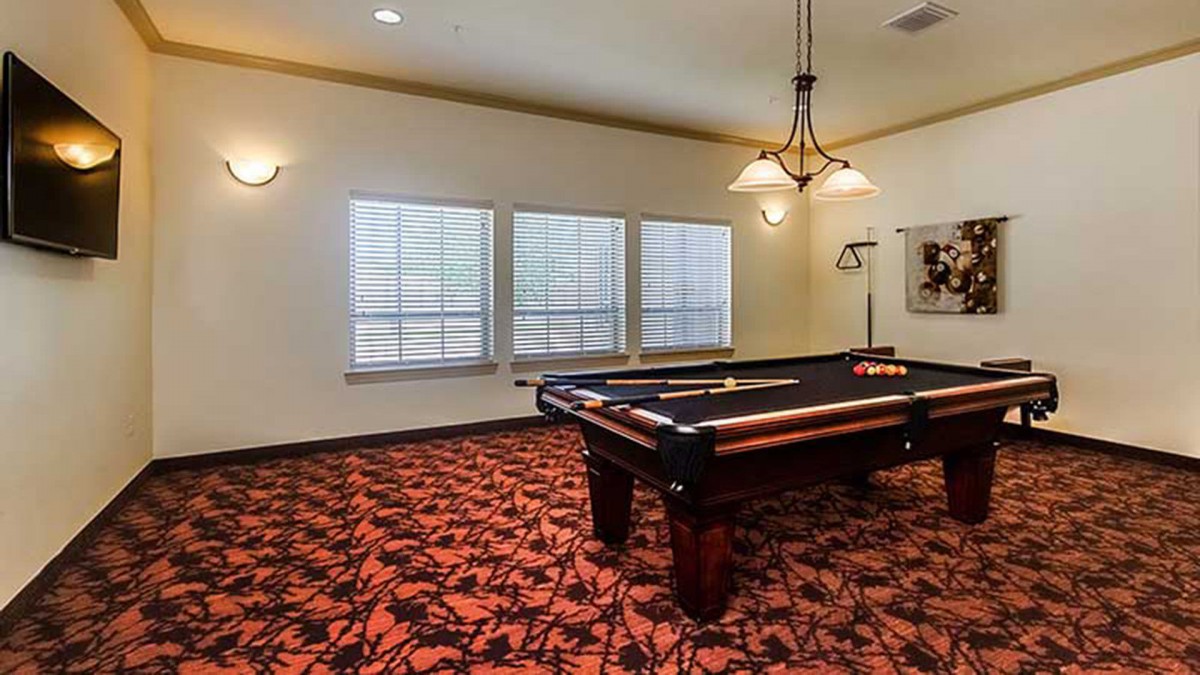 A well-lit game room featuring a pool table and patterned carpet.
