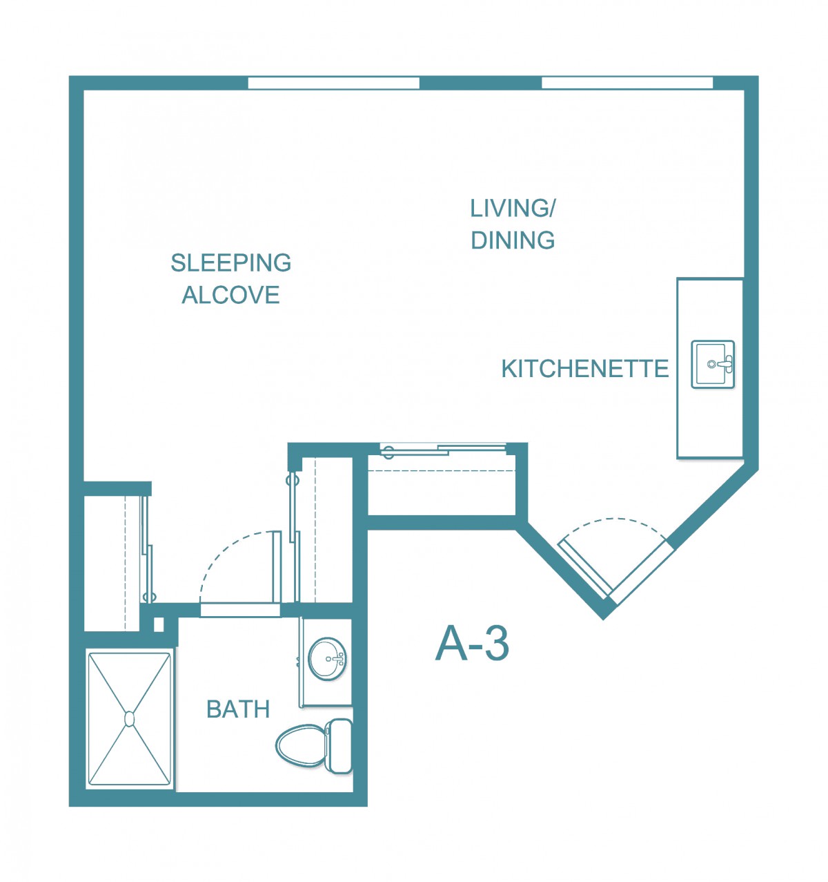 Floor plan of a studio apartment with a sleeping alcove, living/dining area, kitchenette, and bathroom.