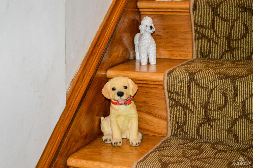 Two dog figurines are placed on wooden stairs as decorative pieces.