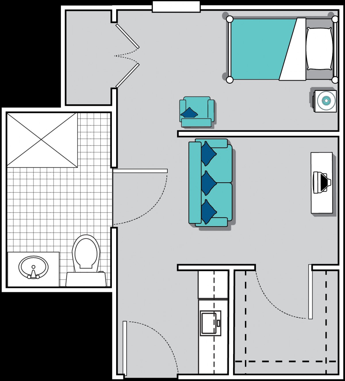 Studio apartment floor plan with a living area, kitchen, and bathroom.