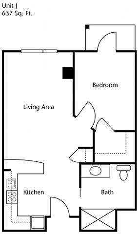 A simple apartment floor plan showing a living area, bedroom, and bathroom.