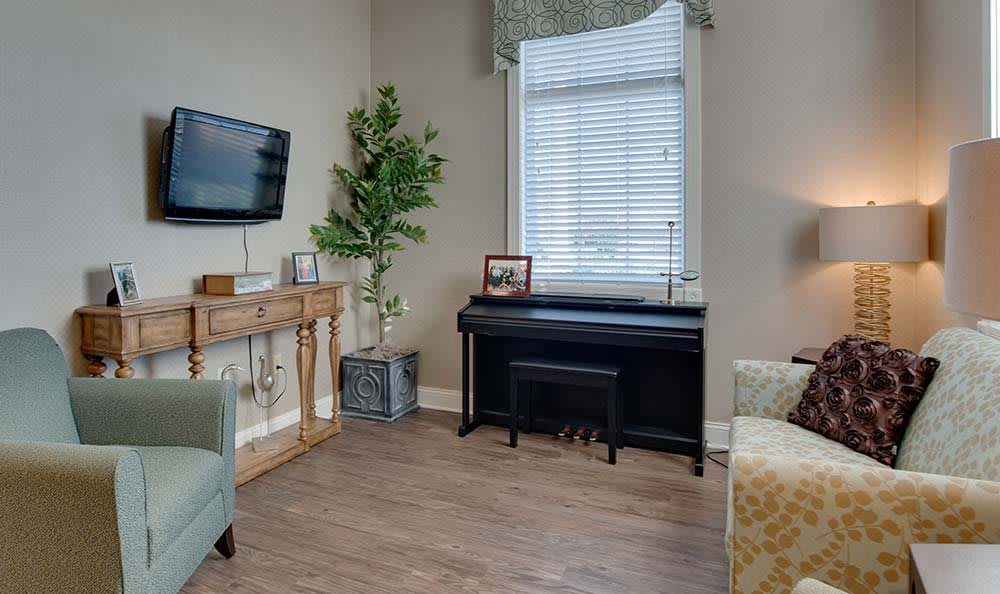 A cozy living room with a piano and television, decorated with plants and tasteful furniture.