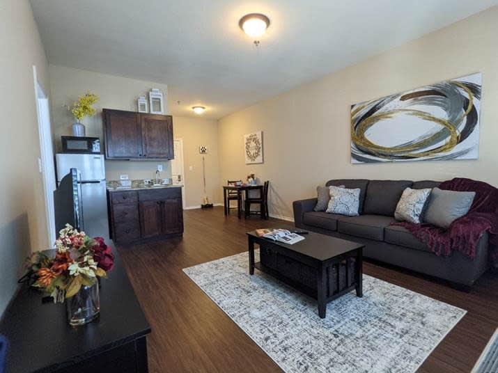 A modern living room with a kitchenette, featuring a sofa, coffee table, and contemporary artwork.