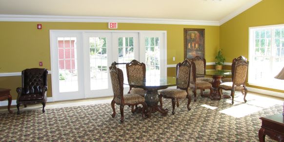 An elegant dining area with ornate chairs and a round table, set on a patterned carpet in front of large windows.