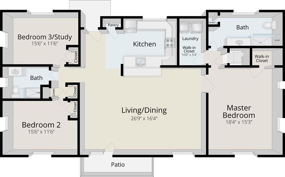 A detailed floor plan of a residential apartment featuring two bedrooms, a study, kitchen, living/dining area, and patio.