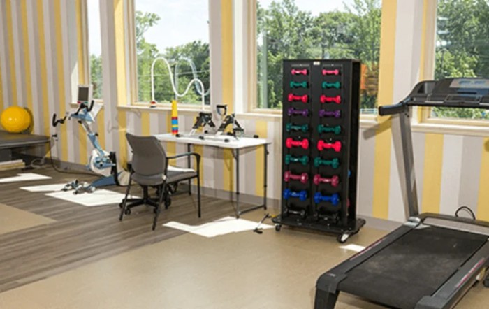 A gym room featuring exercise equipment, including a rack of colorful dumbbells, a treadmill, and a stationary bike. There's a desk with a chair by the windows.