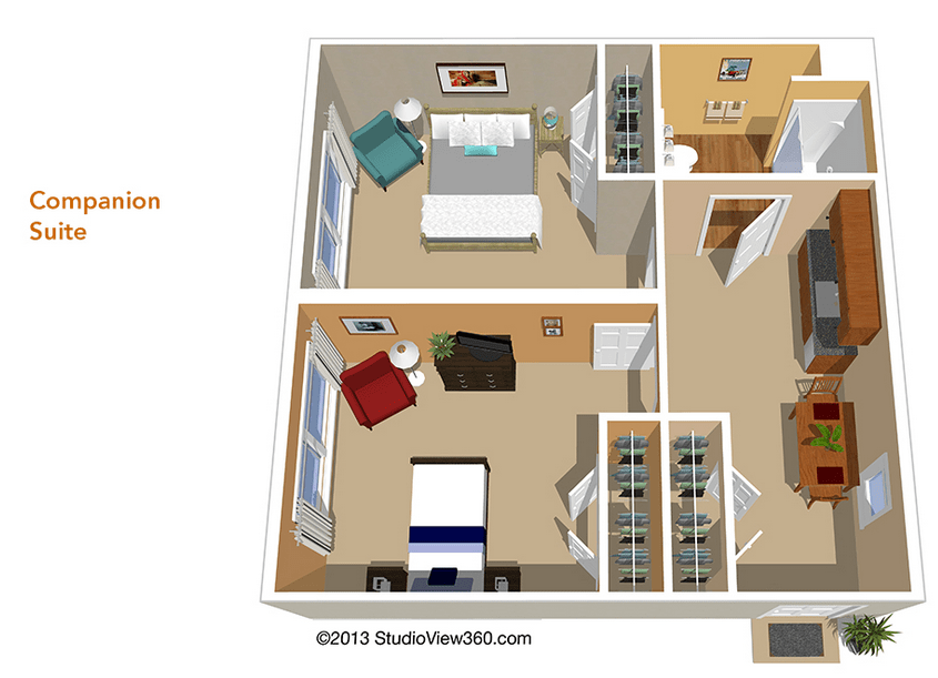 3D floor plan of a small apartment with two bedrooms and one bathroom.