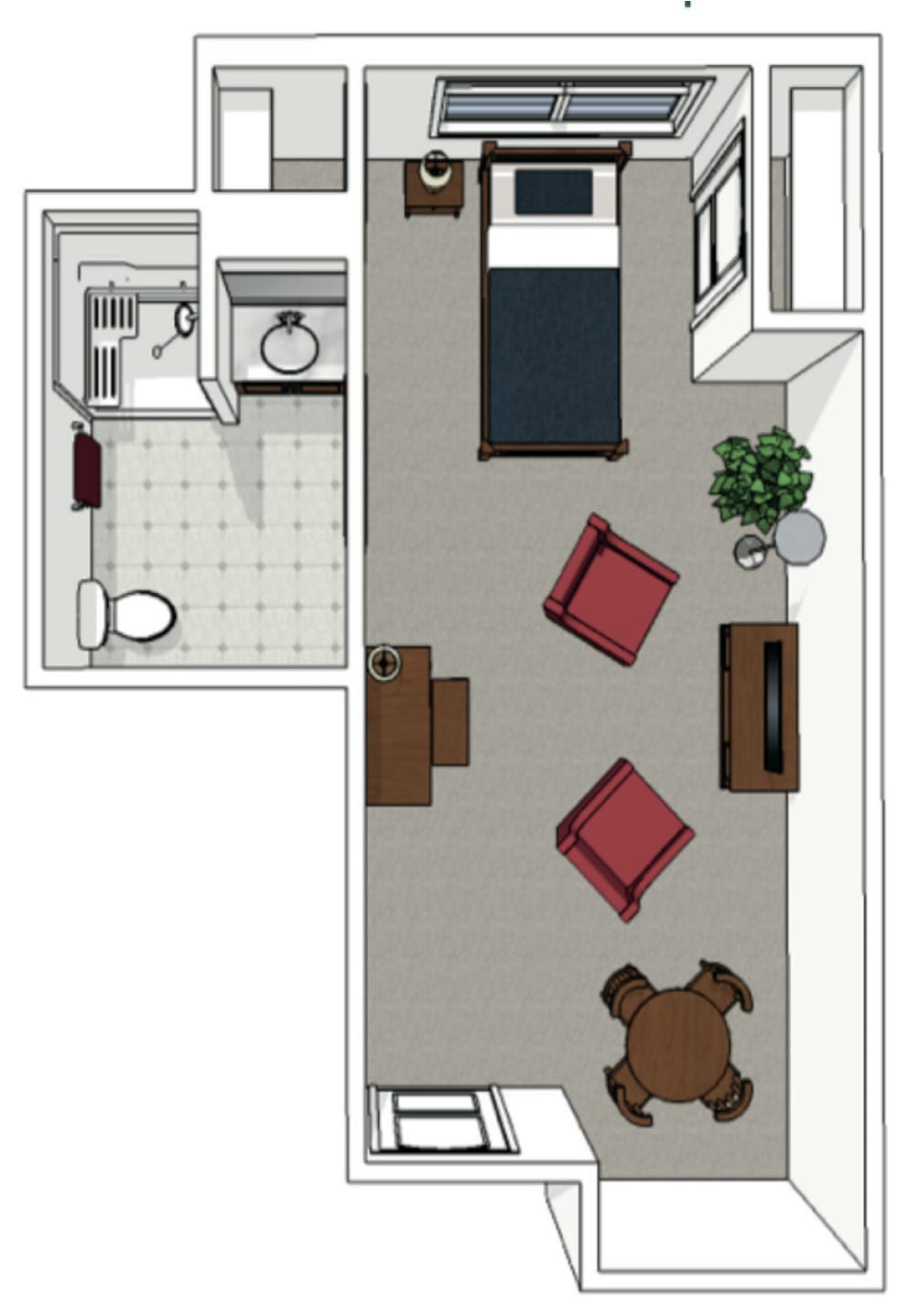 A 3D floor plan of a small apartment featuring a bedroom, living area, and bathroom.