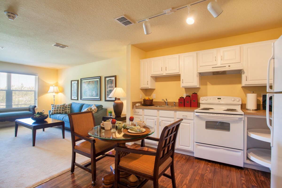 An open-plan apartment with a cozy living room and adjacent kitchen.