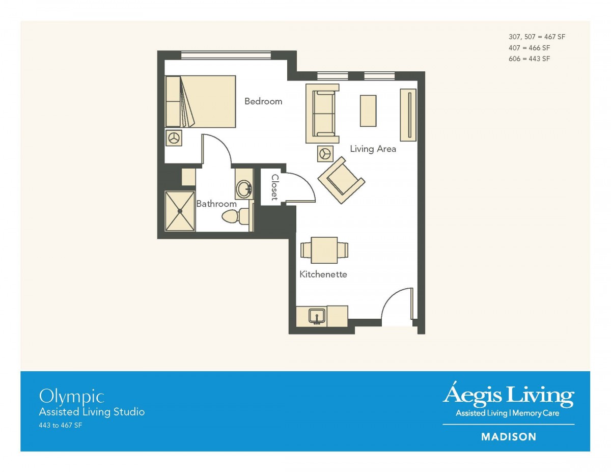 One-bedroom apartment floor plan with a living room and kitchen.
