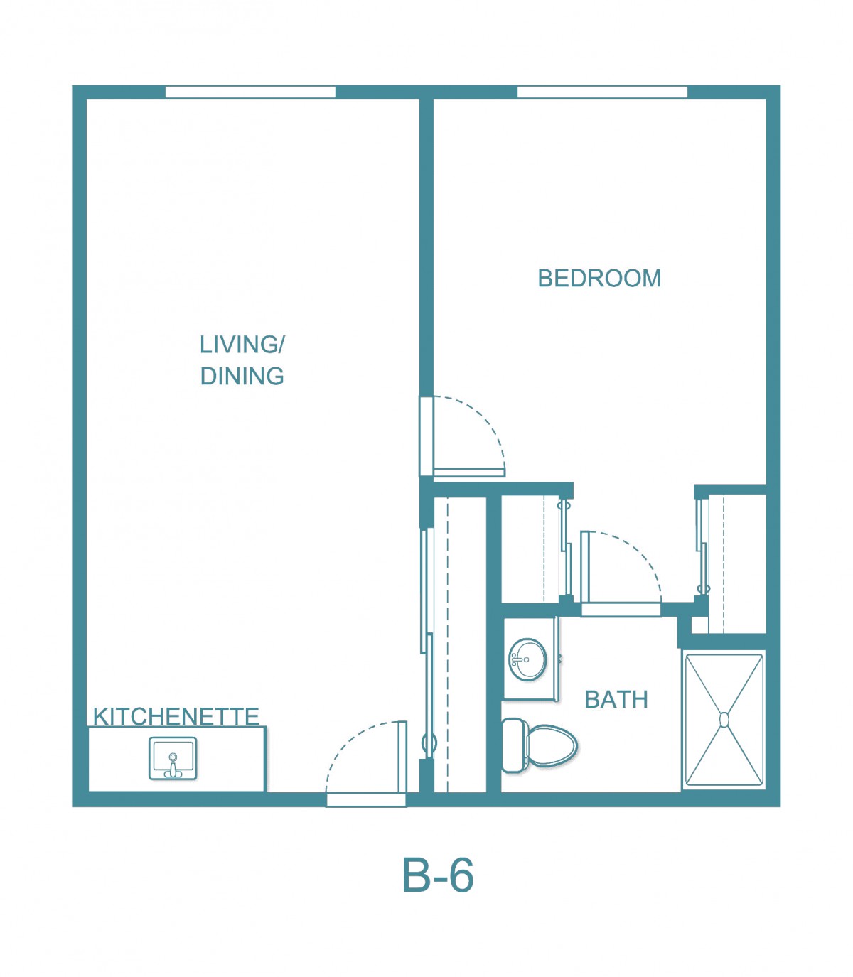 A one-bedroom apartment floor plan featuring a living/dining area, kitchen, bathroom, and bedroom.