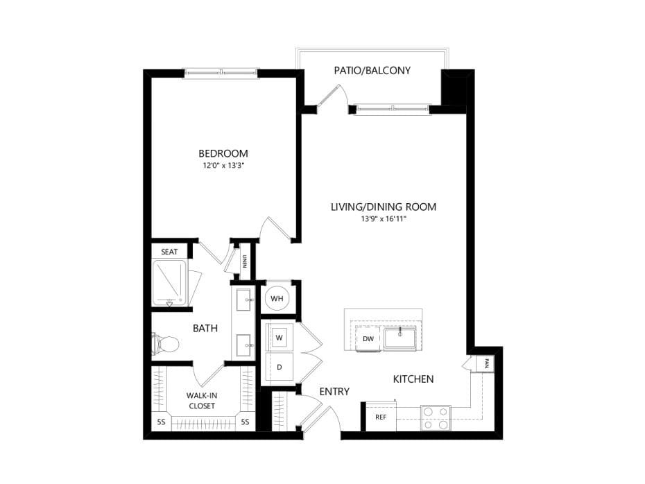 A floor plan of a one-bedroom apartment with an open living area, kitchen, bathroom, and balcony.
