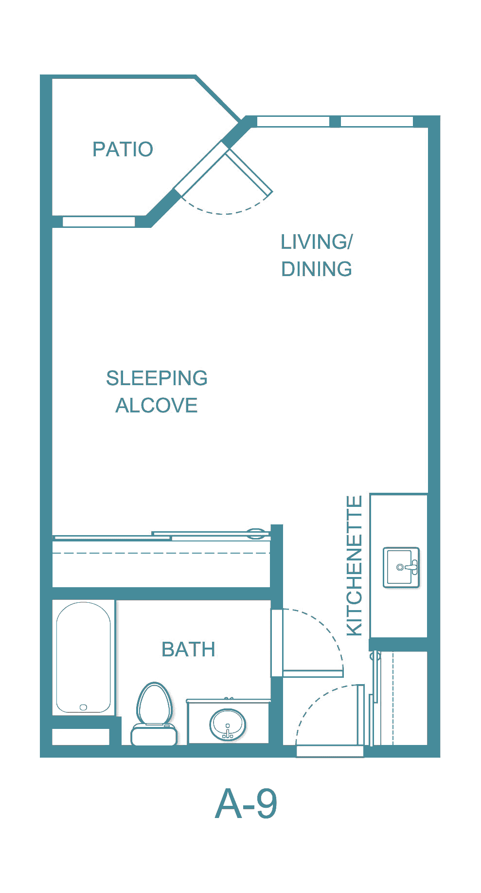 Studio apartment floor plan with kitchenette, sleeping alcove, and living/dining area.