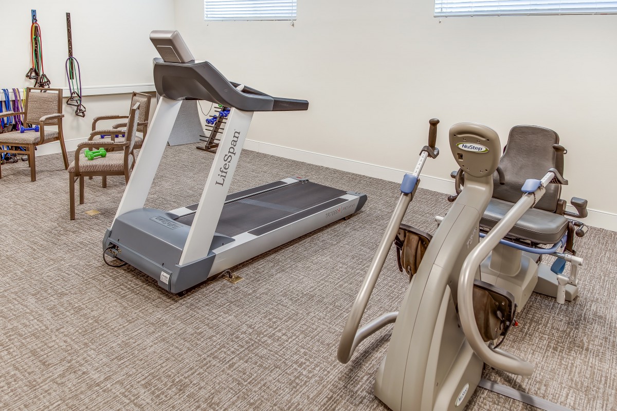 A small exercise room featuring a treadmill and other fitness equipment.