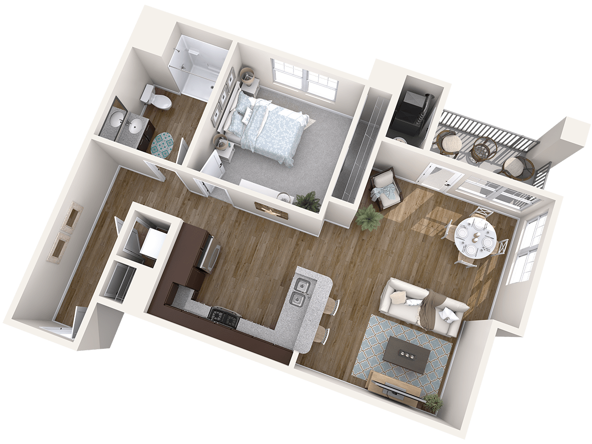 This is a 3D floor plan of a one-bedroom apartment featuring a kitchen, living room, bathroom, and bedroom.