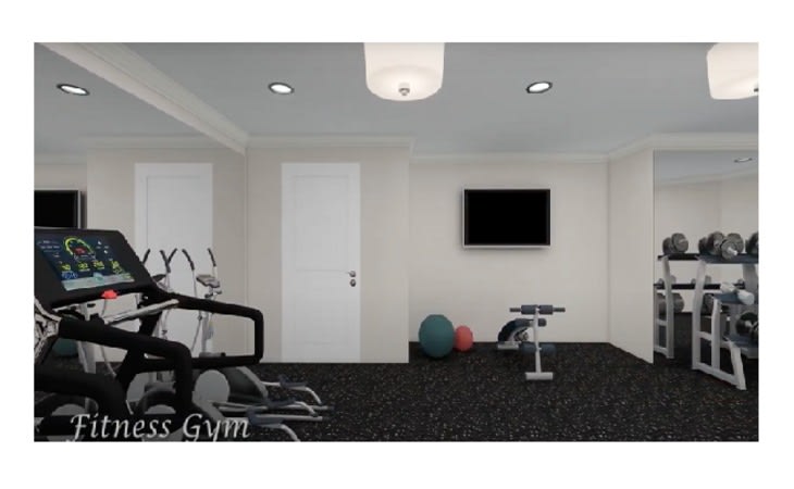 A modern home gym with exercise equipment and a wall-mounted television.