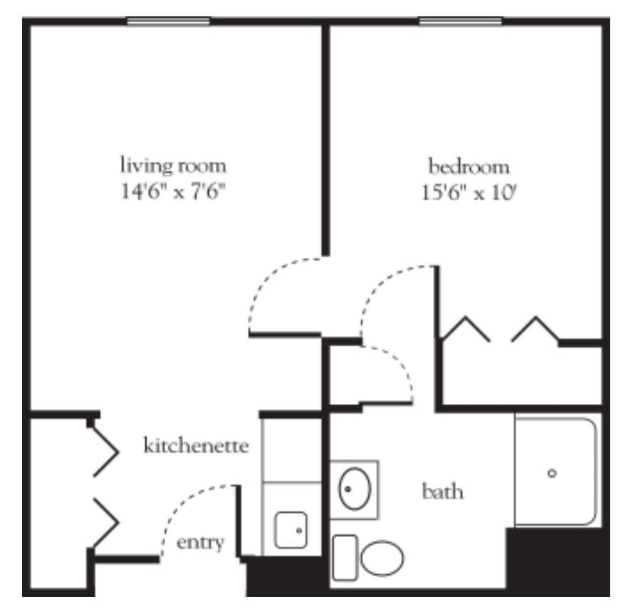A simple apartment floor plan showing a living room, bedroom, kitchenette, bathroom, and entryway.