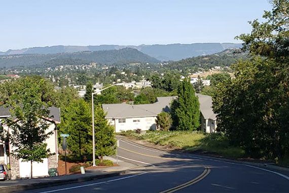 A quiet suburban neighborhood with houses lining the street, surrounded by lush greenery and distant mountains under a clear blue sky.