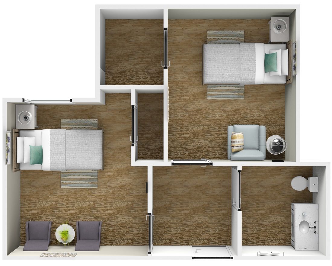 A floor plan featuring two bedrooms with wooden flooring and furniture arrangements.
