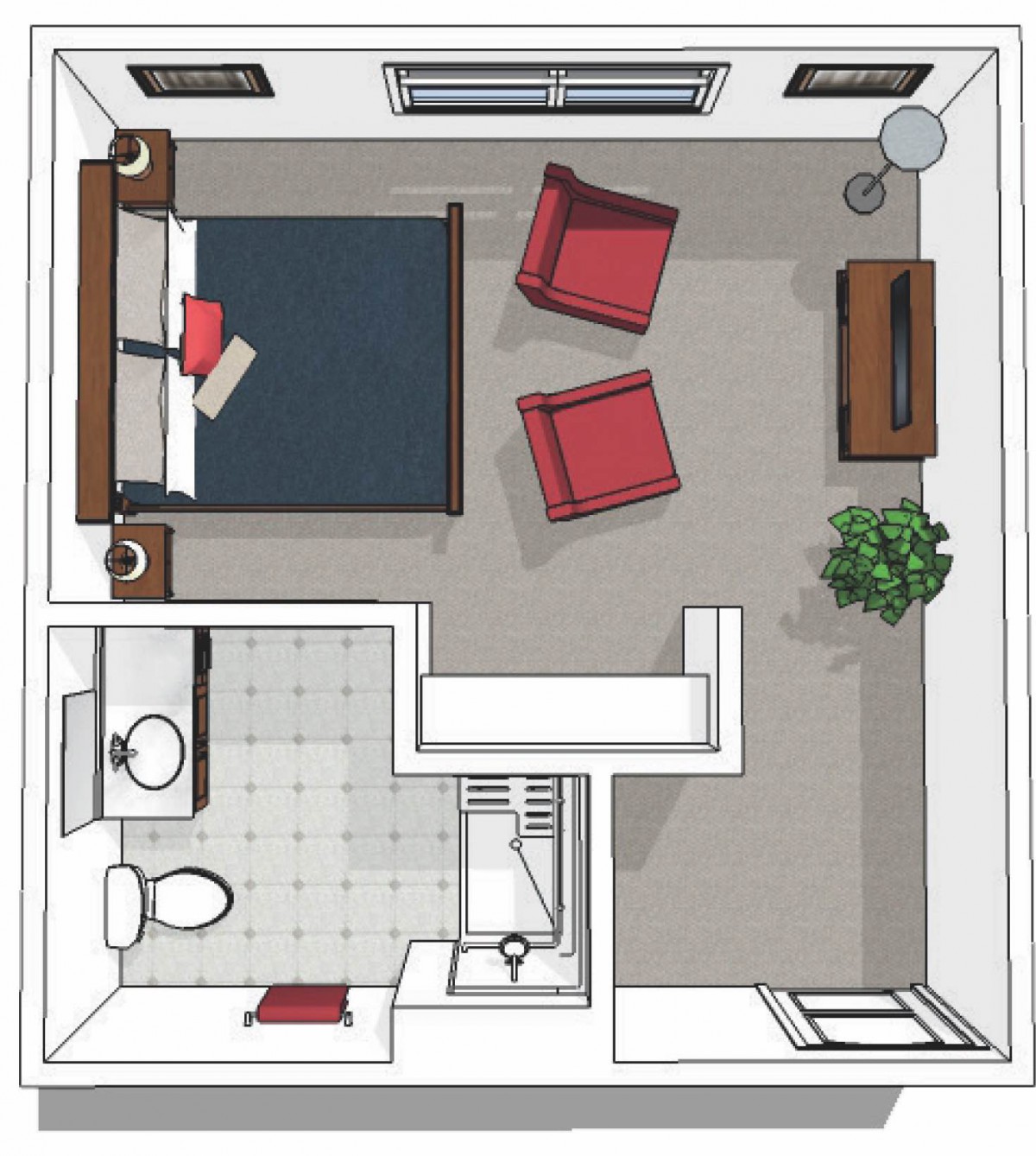 A 3D floor plan of a bedroom with furniture including a bed, chairs, and a bathroom.
