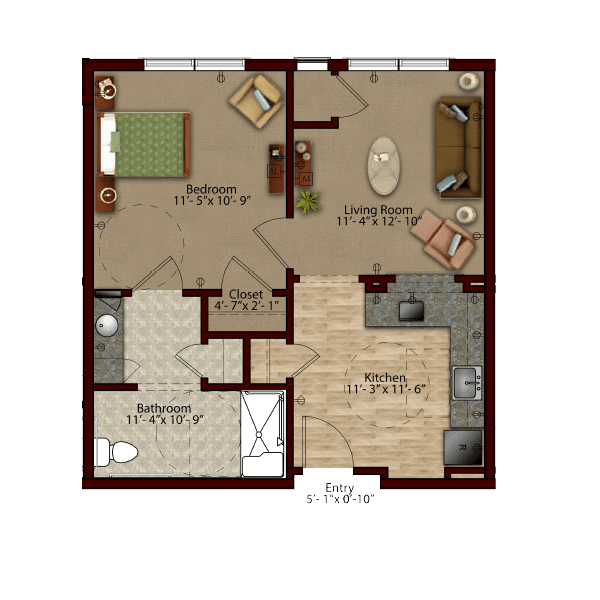 A detailed floor plan of a one-bedroom apartment featuring a living room, kitchen, and bathroom.