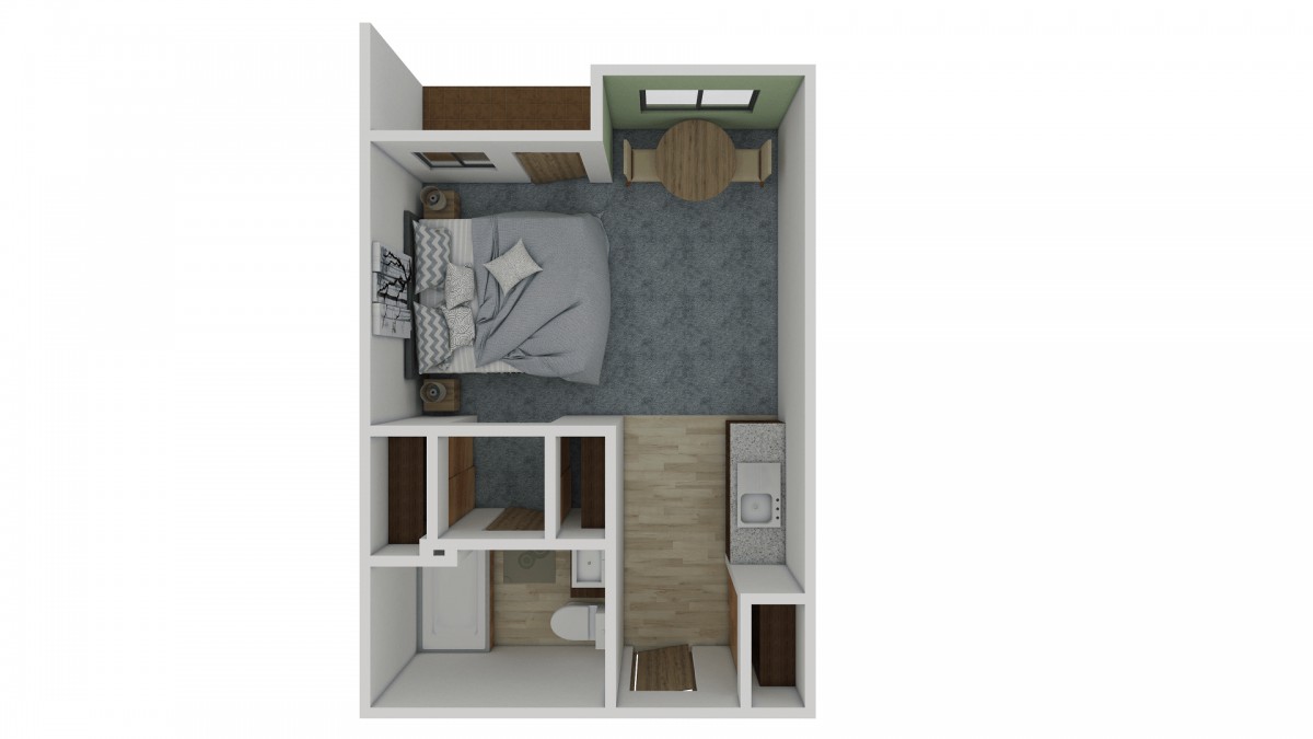 A top-down view of a compact studio apartment layout featuring a bedroom, kitchen, and bathroom.