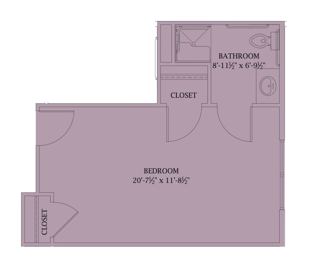 A floor plan showing a bedroom with attached bathroom and closet.