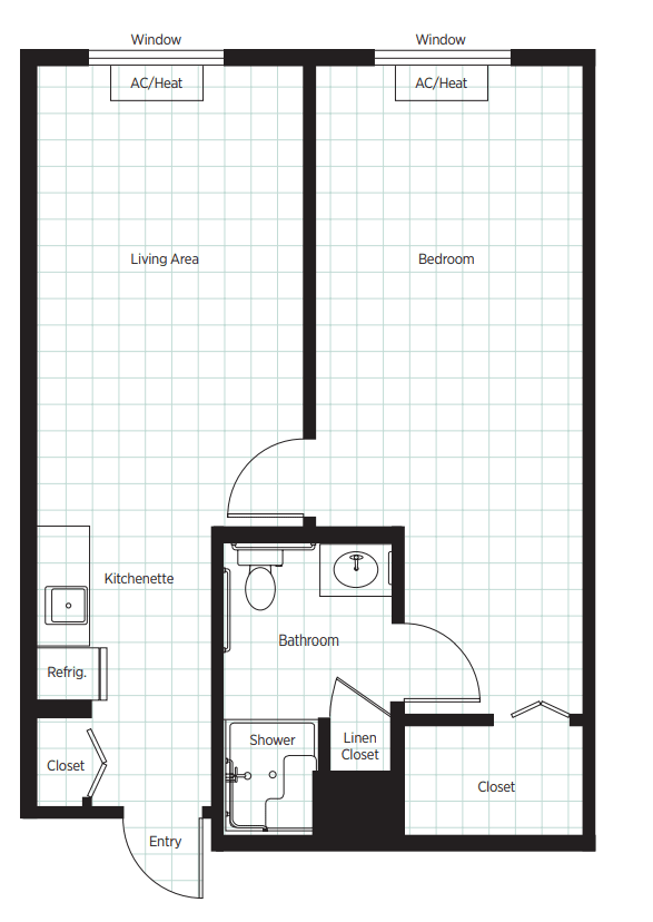 A floor plan illustrating the layout of a one-bedroom apartment.