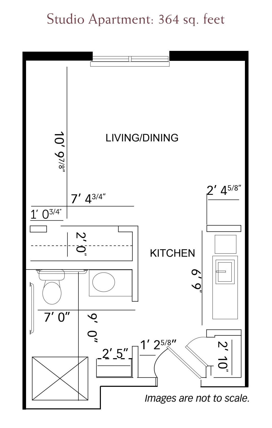 A floor plan showing the layout of a small apartment with labeled dimensions.