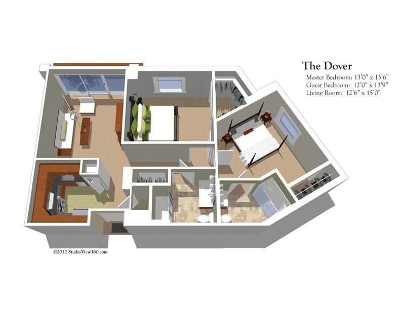 3D floor plan of a residential apartment with labeled rooms.