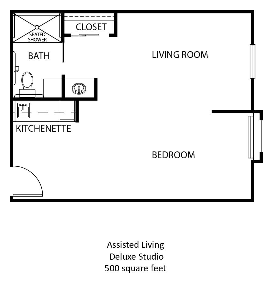 Floor plan of a deluxe studio apartment for assisted living, totaling 500 square feet.