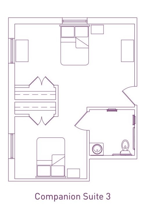 A simple floor plan layout of a room with furniture and a small bathroom.