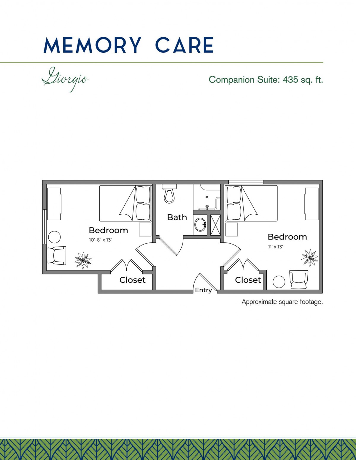 Floor plan of a two-bedroom apartment with a bathroom and closets.
