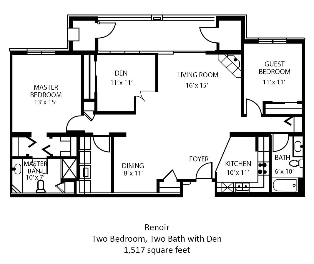 Floor plan of a two-bedroom apartment with two bathrooms and a den, totaling 1,517 square feet.