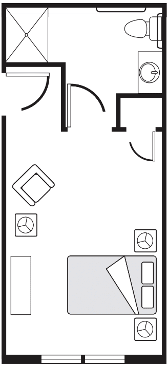 A floor plan showing the layout of a room with furniture placement.