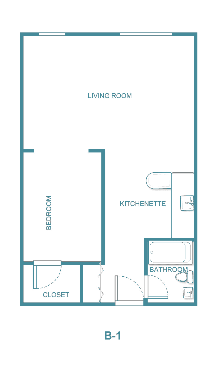 A simple floor plan of a studio apartment, featuring a living room, kitchenette, bedroom, and bathroom.
