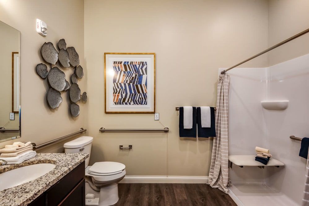 A modern bathroom with stylish decor and amenities.