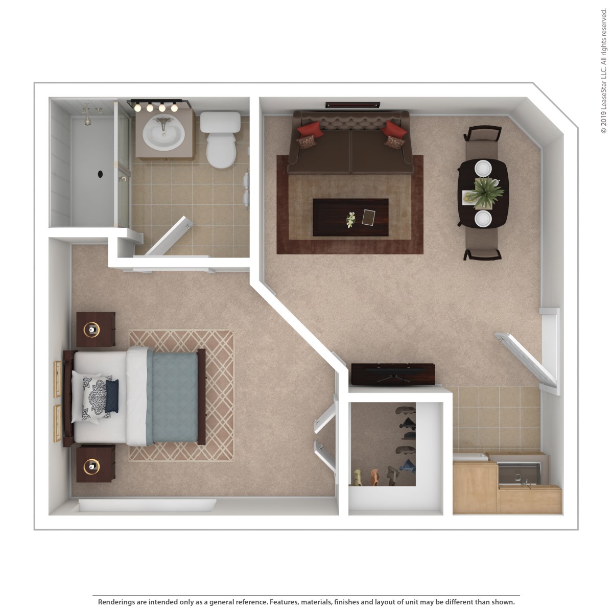A floor plan of a one-bedroom apartment featuring a living room, kitchen, and bathroom.
