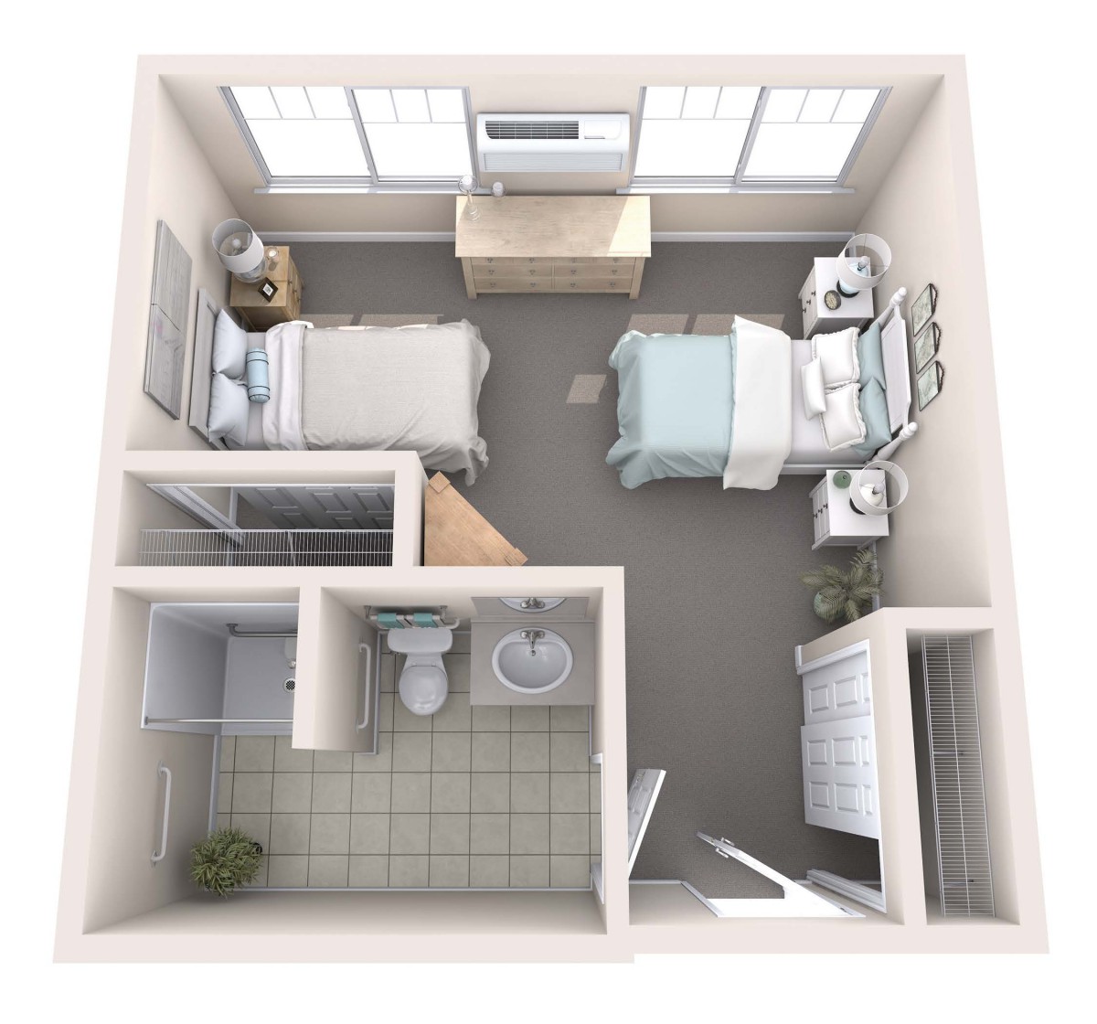 A detailed floor plan of a small bedroom with two beds and an adjoining bathroom.