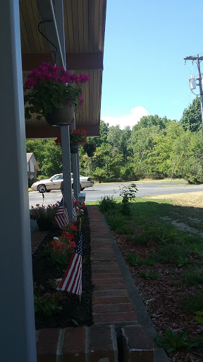A peaceful view of a suburban street with greenery and a passing vehicle.