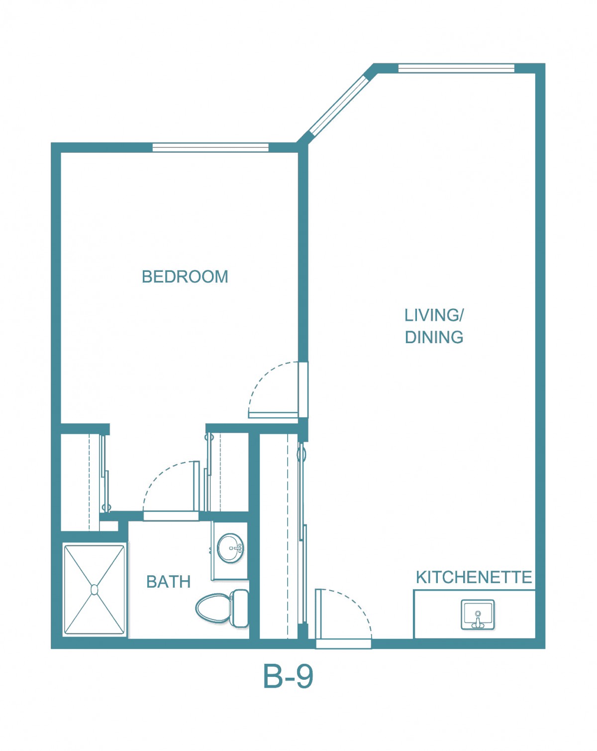 A compact floor plan featuring one bedroom, a kitchenette, and a bathroom.