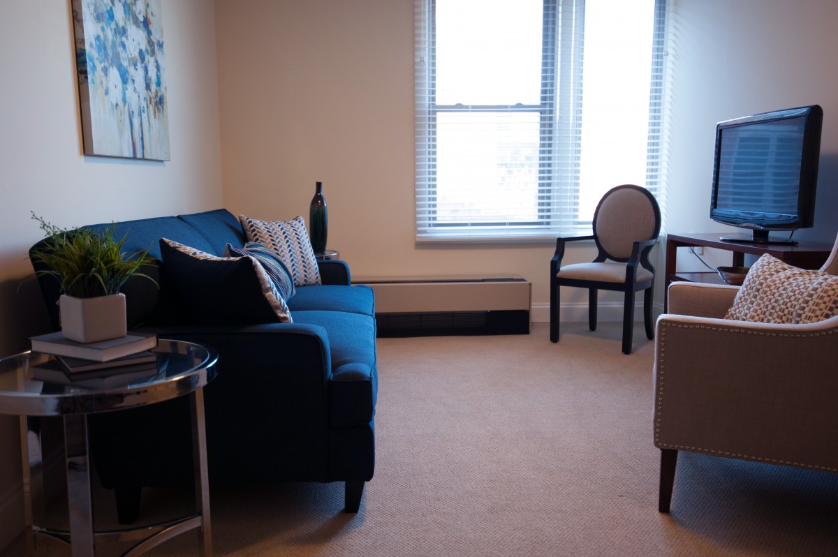 A minimalist living room with a blue sofa, chairs, and a window.