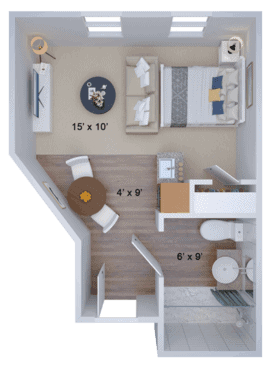 A compact apartment floor plan featuring a bedroom, bathroom, and living area.